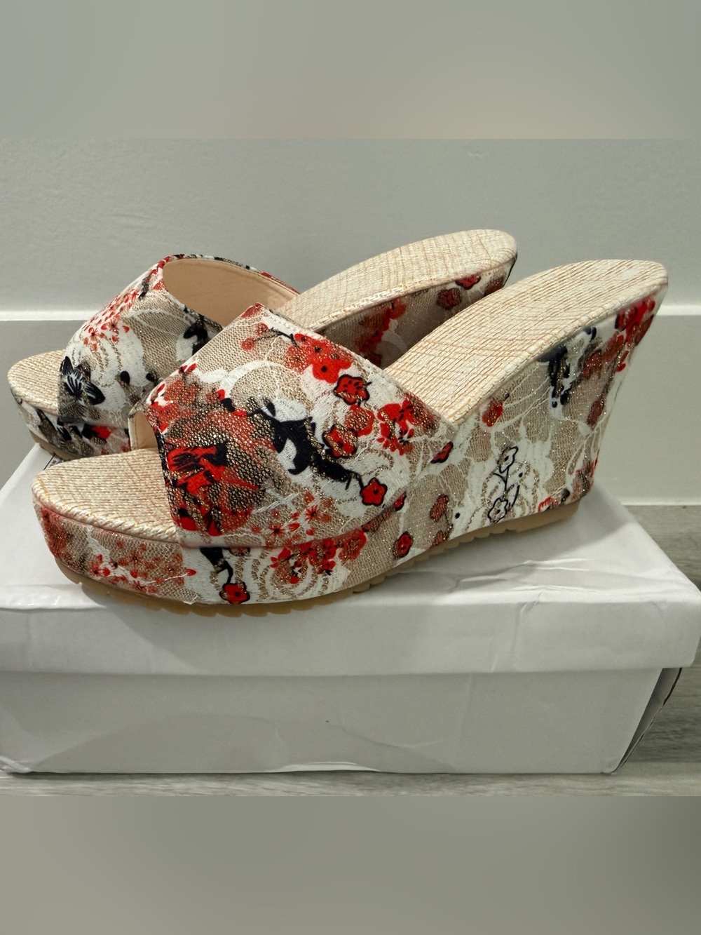 Women’s Floral Wedge Slide Sandals Heels White Red Black Gold Glitter NEW